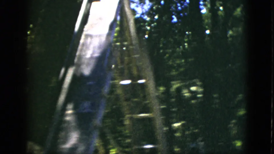 Final frame of 8mm home movie circa 1952, Quebec Canada — metal slide and ladder outdoors; dark animal form; bright dappled canopy; authentic mid-century film grain.