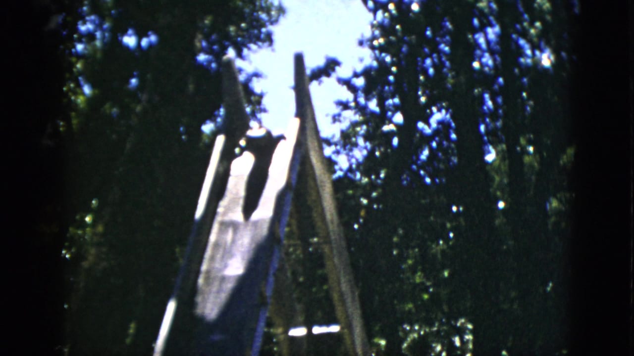 8mm home movie frame circa 1952, Quebec, Canada: wooden A-frame slide with a dark animal shape at top, framed by dense trees and bright sky.