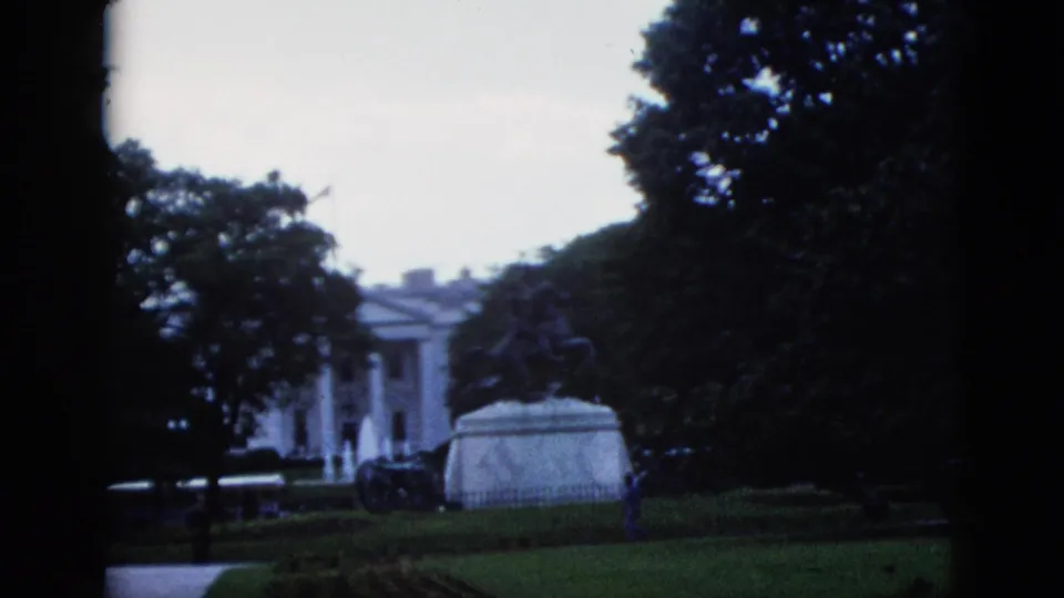 Final 1952 8mm frame showing the White House, equestrian statue, and surrounding grounds, Washington DC.