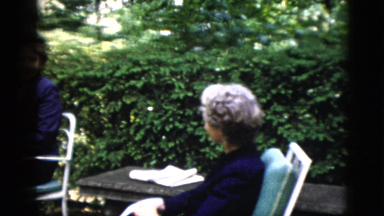Gray-haired woman with back to camera in teal tubular-metal chair, second woman in white metal chair visible, garden patio c. 1952 Washington DC.