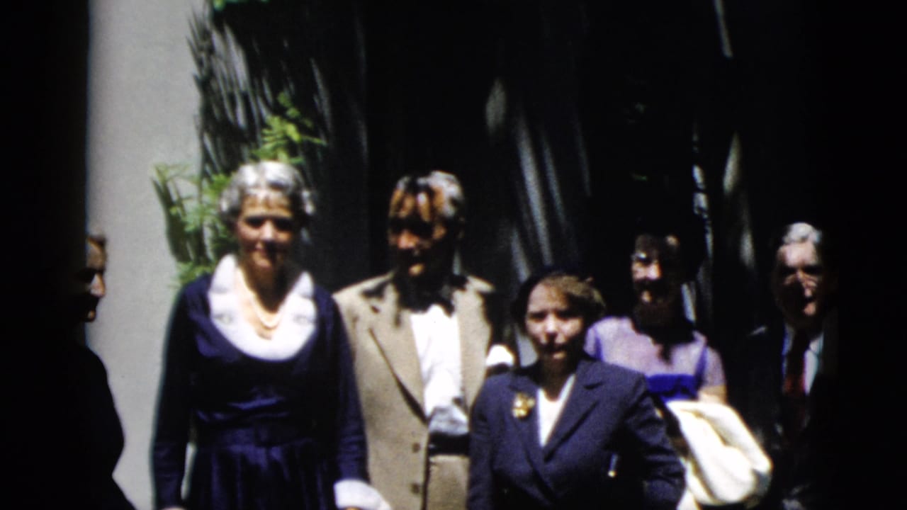 Adults in suits and dresses stand close together outdoors with strong sunlight on some faces.