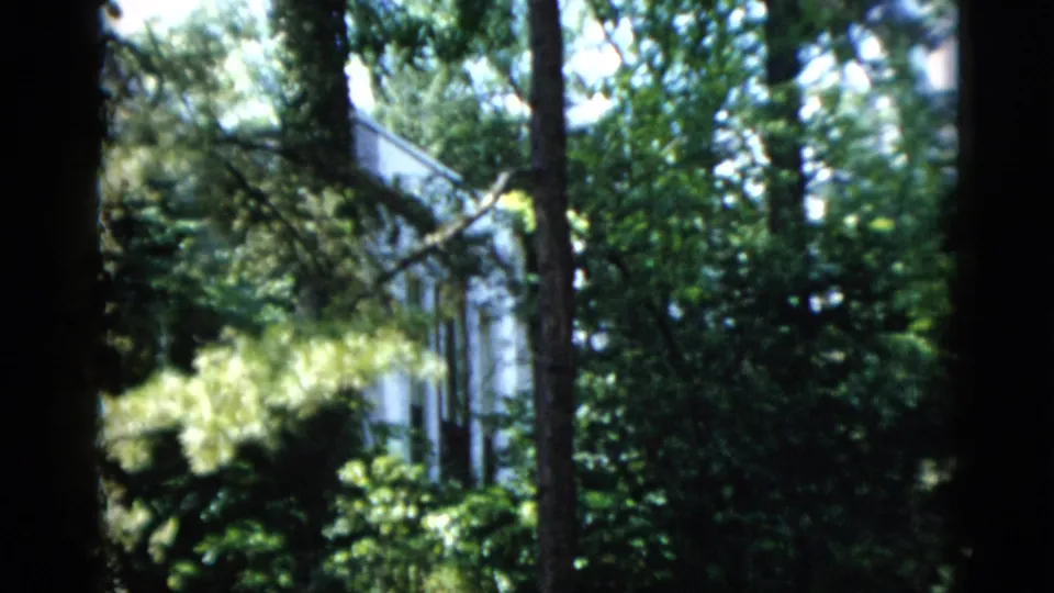 1952 Washington, DC home-movie frame showing a white house glimpsed through tall trees and leafy garden growth.