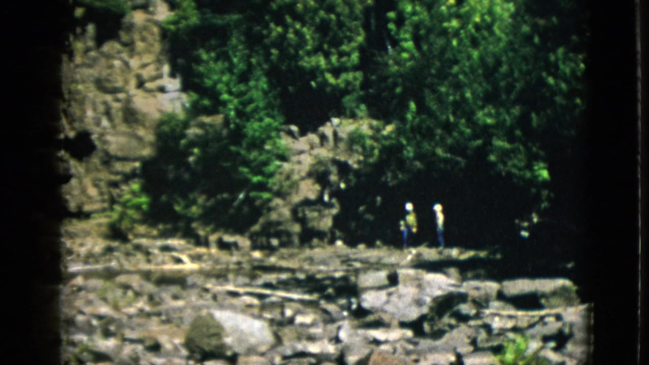 Distant visitors stand on a rocky riverbank amid dense Quebec forest in 1952 home-movie footage.