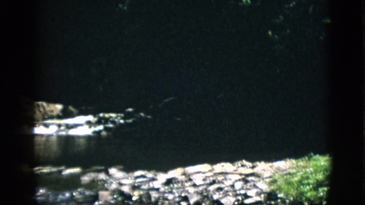 Opening frame of a 1952 Quebec 8mm home movie: dark rocky stream bed with still water visible before the camera reveals the waterfall.