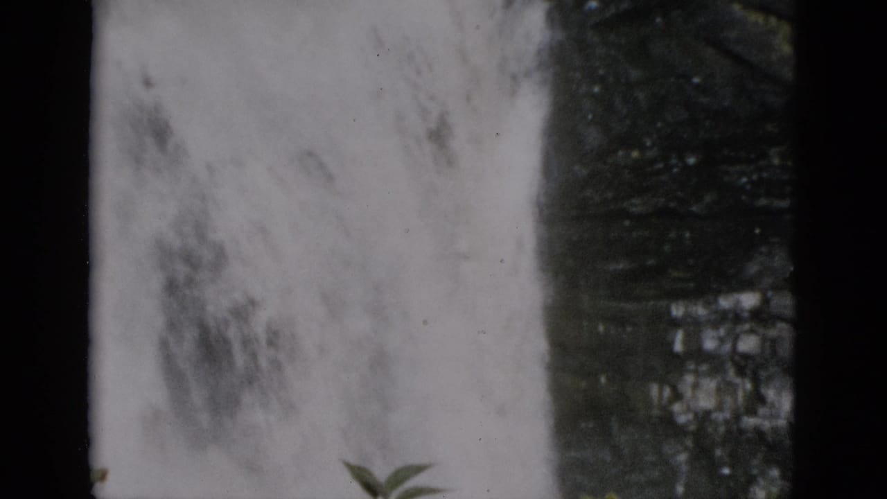 8mm home movie close-up of a waterfall over a dark rocky cliff with green leafy plants in the foreground, Quebec, Canada, circa 1952.