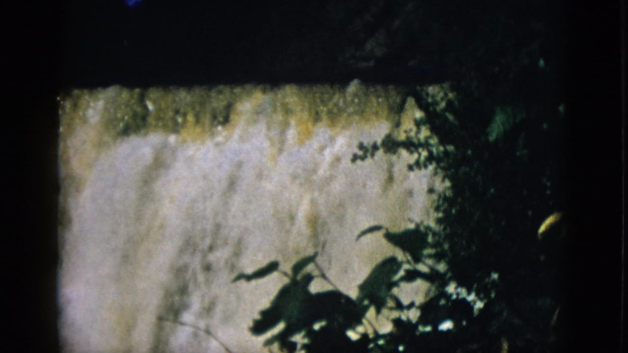 Waterfall crest with yellowish-amber water and dark tree branches framing the right edge.