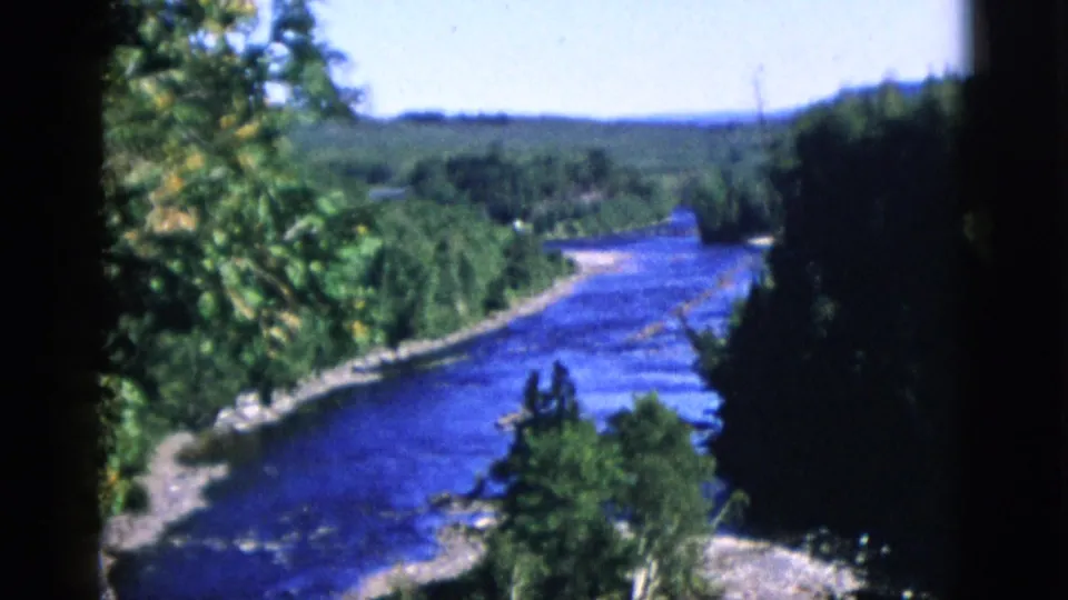 Gravel riverbank emerging in lower frame as camera pans; dense boreal forest beyond; Quebec, Canada, circa 1952, 8mm home movie.