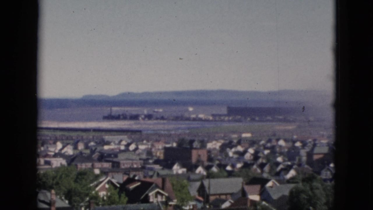 Elevated view over a dense residential neighbourhood with varied rooflines, scattered trees, and a flat distant area stretching toward a low ridgeline.