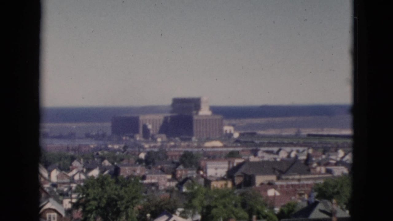 Elevated panoramic view of a residential neighborhood with tree canopy and a large block building in the distance, framed by dark window edges, on 8mm color film.