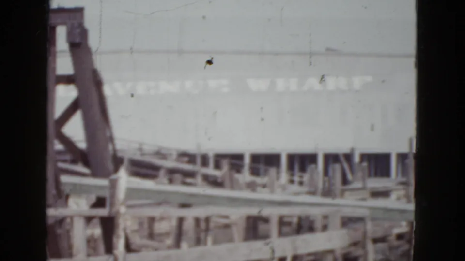 8mm home movie frame, c. 1952, New Orleans — 'VENICE WHARF' painted on a large waterfront building facade, timber dock pilings and metal lattice structure in foreground.