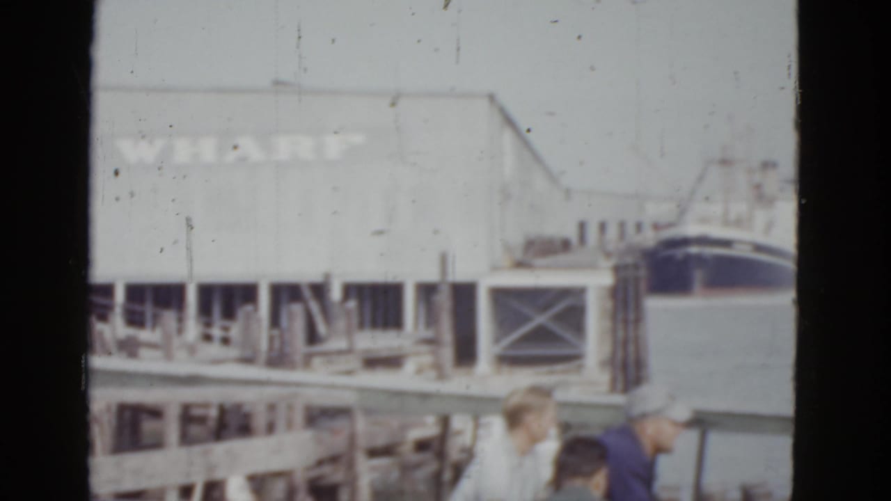 Visitors on a wooden dock look toward a docked dark-hulled ship; a building with 'WHARF' painted on its side is visible in the upper left background.