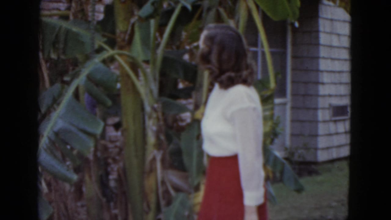Woman in white blouse and red skirt stands among large banana tree leaves, shingled house visible in background.