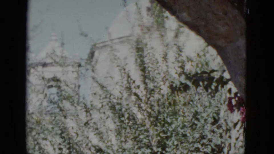 Opening 8mm pan frame — overhanging tree branch and flowering shrubs partially frame a white steepled building, attributed to New Orleans, 1952.