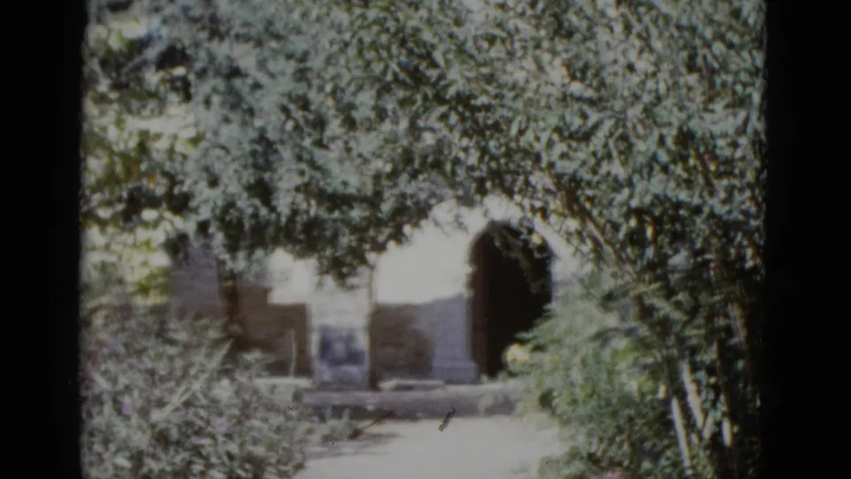 1952 8mm pan showing dense tree canopy with a rounded stone arch partially obscured by foliage, consistent with a New Orleans garden or park setting.