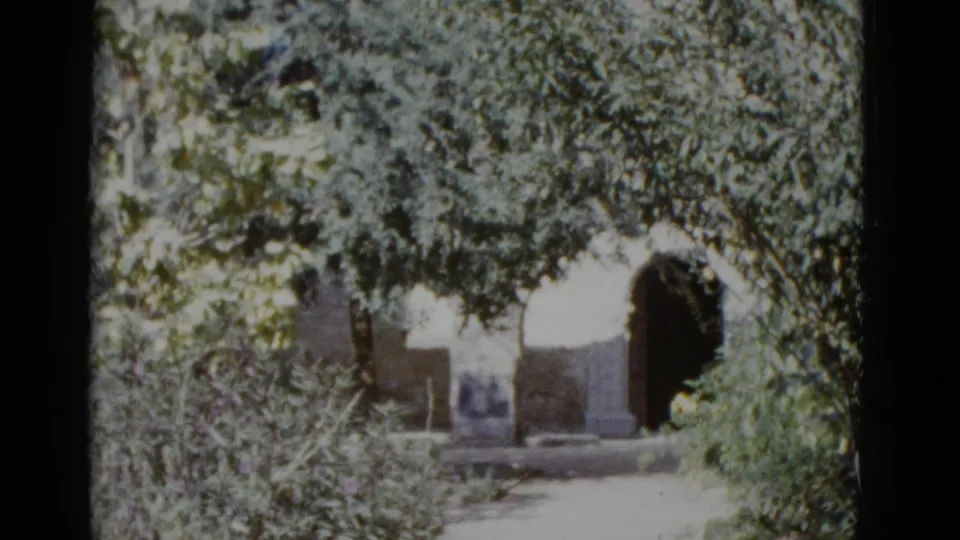 Mid-pan 8mm frame from 1952 showing a masonry arch and garden path framed under overhanging tree branches, possibly in a New Orleans park or courtyard.