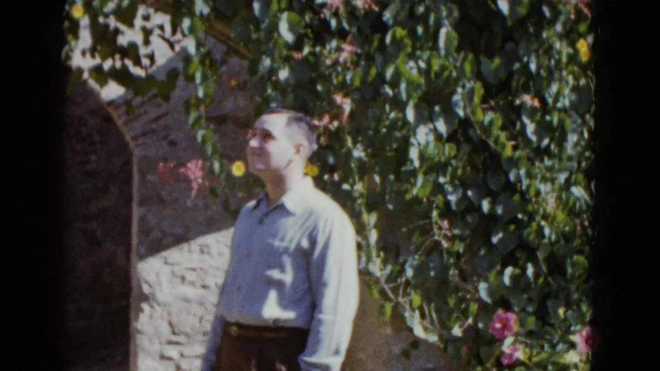 Man in early-1950s casual dress stands in a walled garden looking upward; rough stone wall and pink flowering vines frame him in this 8mm home movie frame circa 1952.