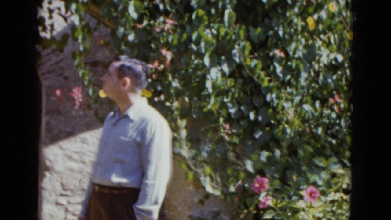Man in a light shirt stands beside a stone wall draped in green vines and pink flowers, looking upward.