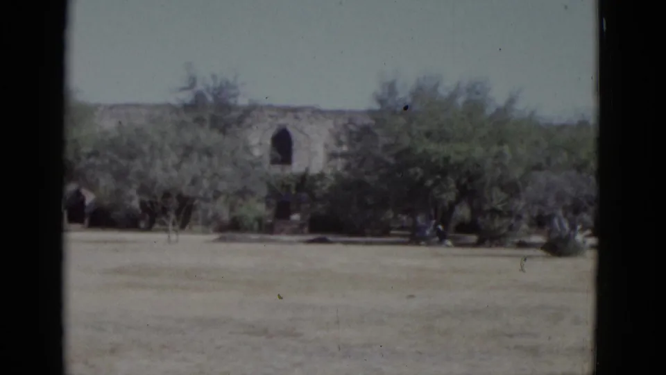 8mm home movie circa 1952 showing a stone arched wall partially screened by dense green trees, with dry scrubby ground in the foreground.
