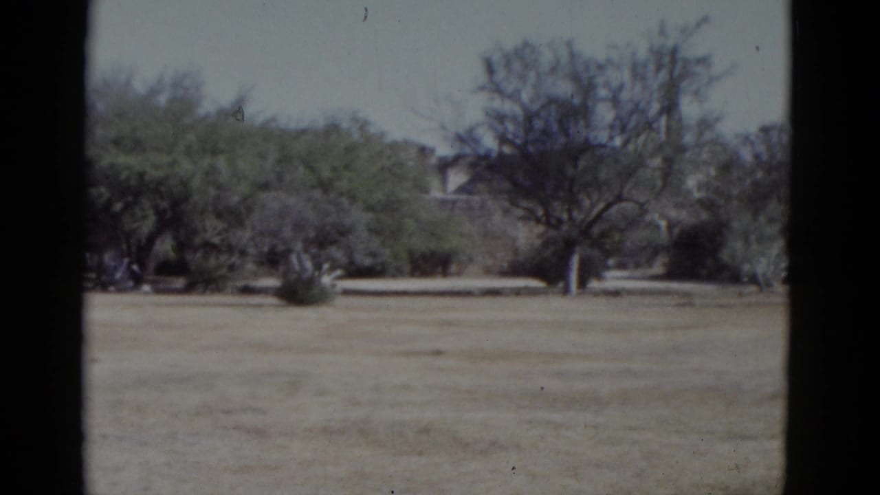 8mm home movie, 1952: second establishing view of an open arid landscape with sparse bare trees and a distant stone building with arched window.