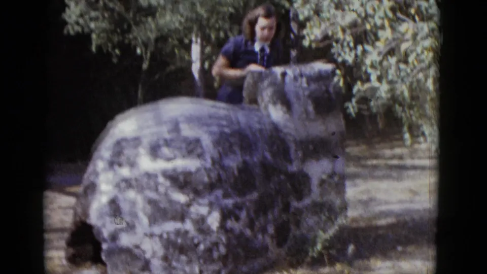 Woman in early-1950s dark blue dress stands near a large rough stone structure and faces the camera at an outdoor public site, New Orleans area, 1952.