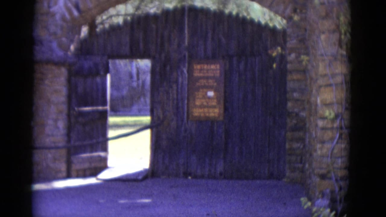 Stone archway with large open dark wooden gate bearing a painted entrance sign, strong purple color cast.