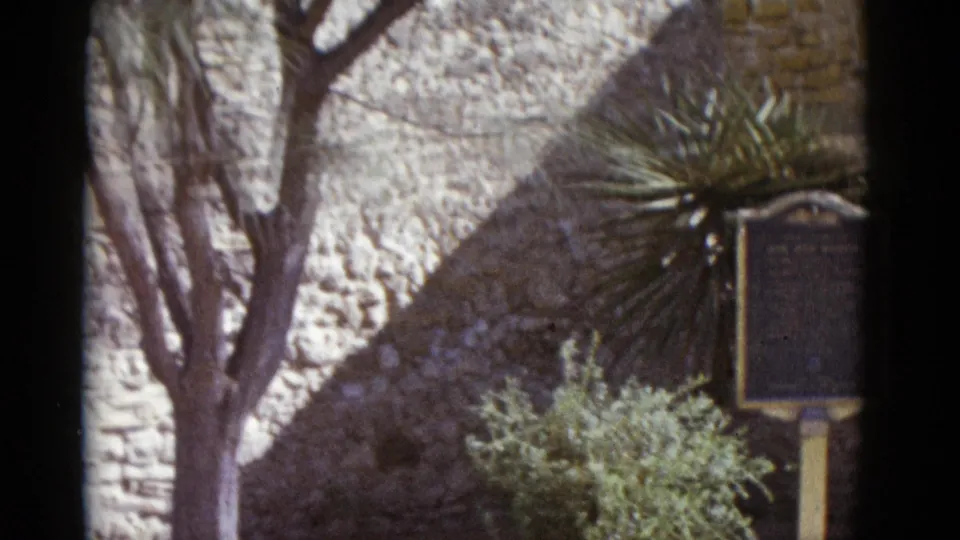 8mm film circa 1952: a bare deciduous tree in the foreground, a historical marker plaque on post, and a yucca plant against a stone wall at a mid-century Southwestern heritage site.