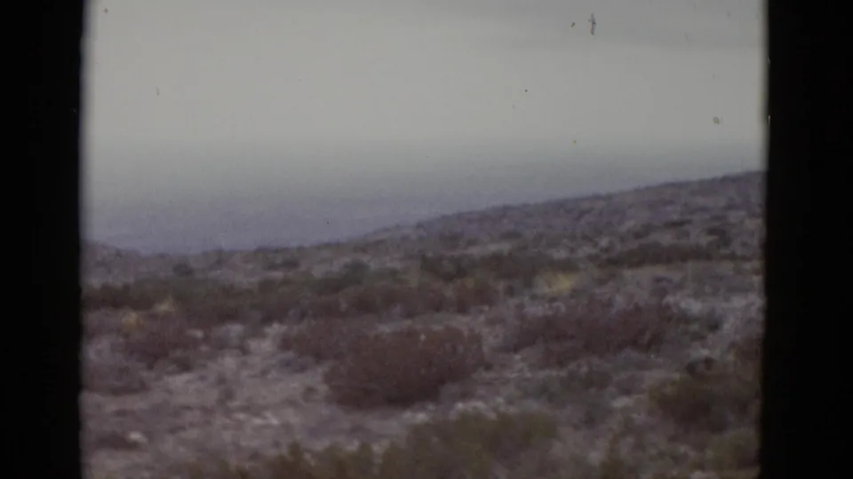 1952 8mm home movie of Texas scrubland — wider framing reveals more of the flat grey overcast sky above sparse desert brush.