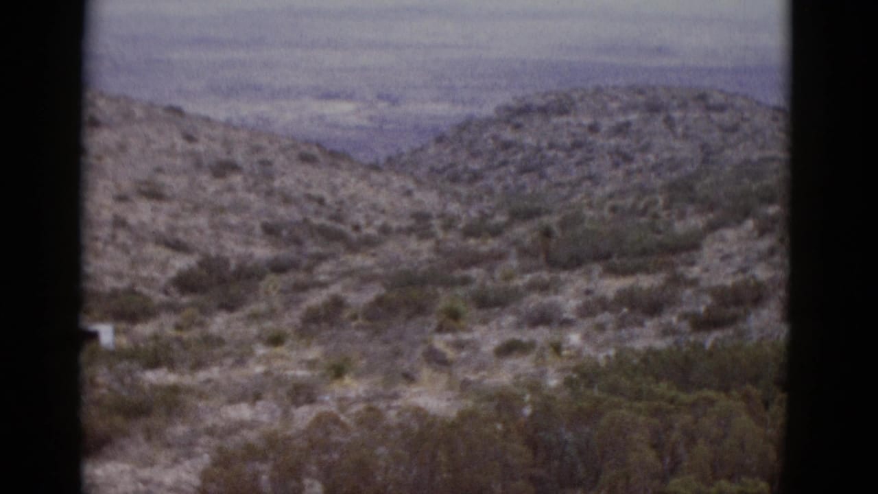 Wide desert hillside with sparse scrub vegetation and hazy distant ridgeline.