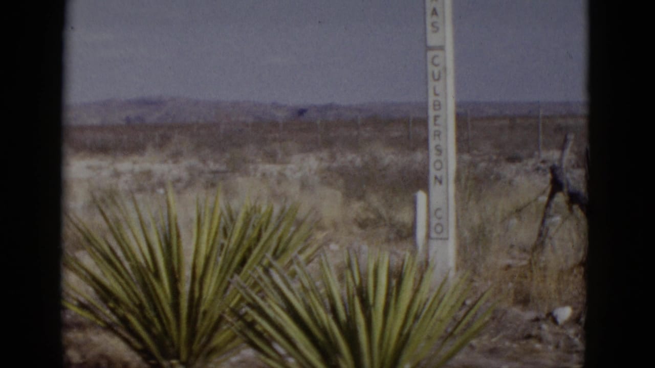 White roadside post bearing 'CULBERSON CO' text with large yucca plant in foreground, flat desert and distant mountains behind.