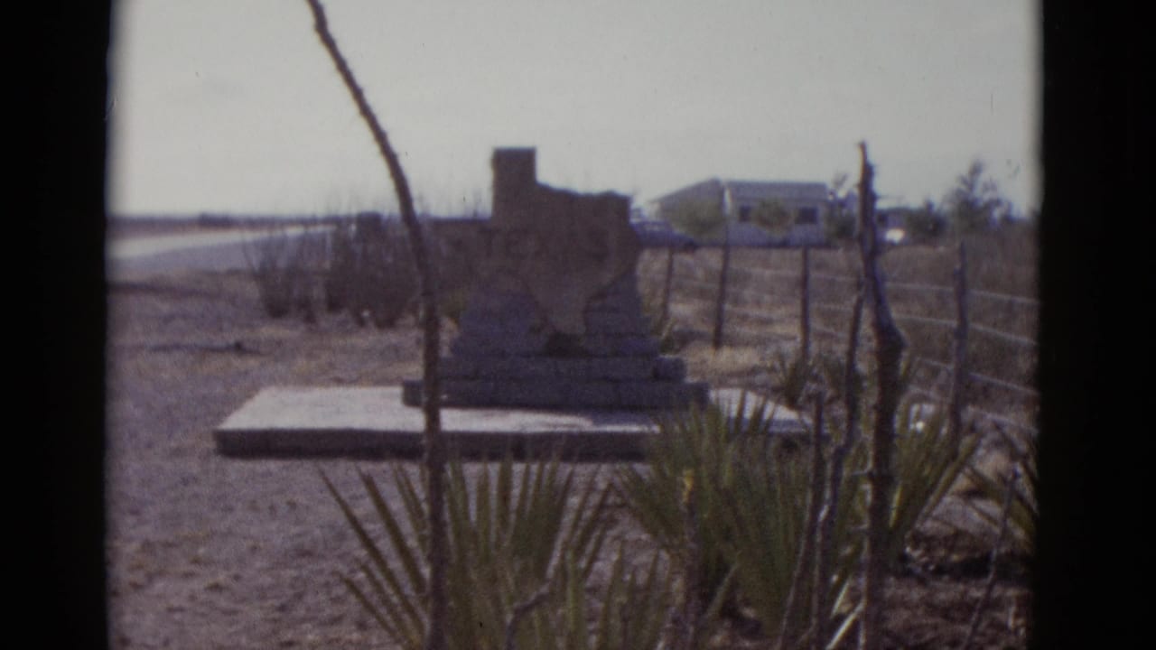 Texas-shaped stone monument on concrete base framed by yucca plants and bare stalks, white vehicle and low structure visible in distance.
