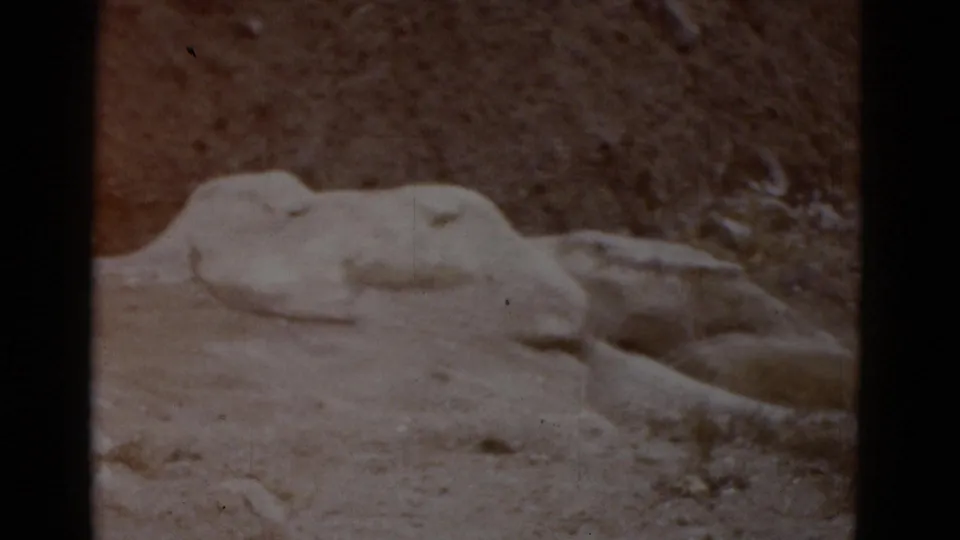 Pale cream and tan smooth boulders on reddish-brown sandy desert ground, the most detail-rich frame in the clip, consistent with Utah canyon country circa 1952.