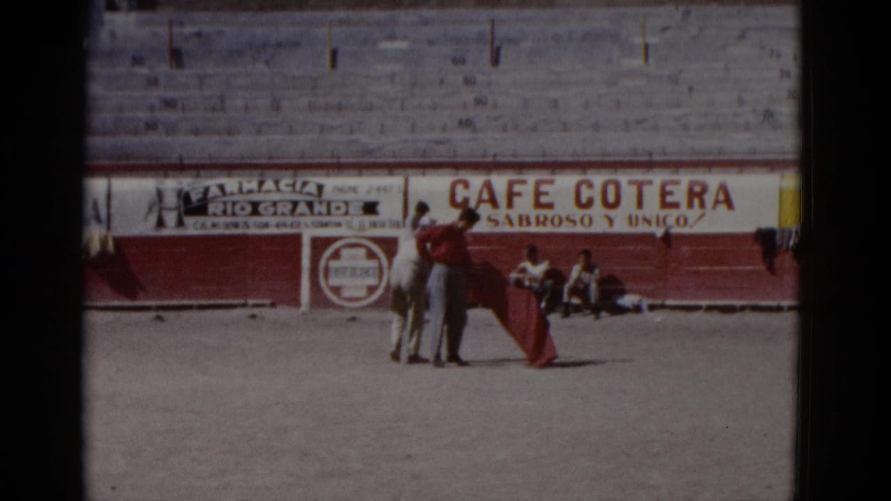 Two figures stand close together with a red cape in the arena; 'Cafe Cotera Sabroso y Unico' banner is clearly legible on the barrera behind them.
