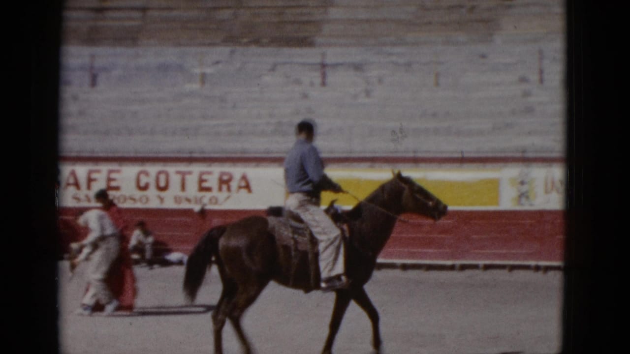 Rider on a dark bay horse trots across a sandy arena floor in Baja California, Mexico, circa 1952; wall reads 'Cafe Cotera' in red with a yellow horizontal stripe below.