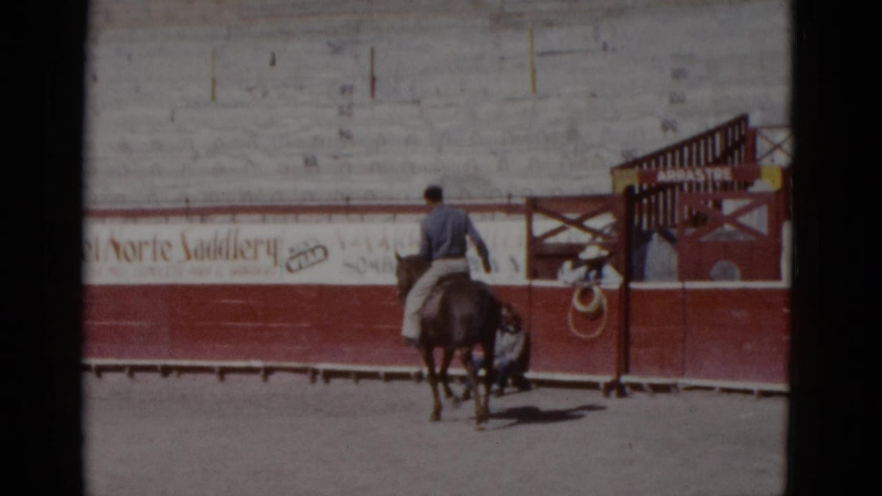 Amateur 8mm color film, circa 1952, Baja California, Mexico: rider on brown horse in sunlit arena with Del Norte Saddlery signage on barrier wall.