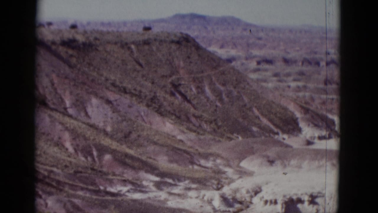 Desert canyon slope with eroded ridges and distant mesa under a pale sky.
