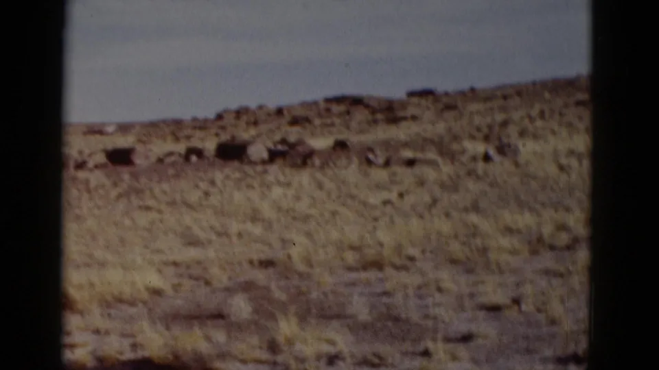 A handheld 8mm view looks across arid Arizona terrain with sparse plants, low rocks, and a pale sky after the sign shot.