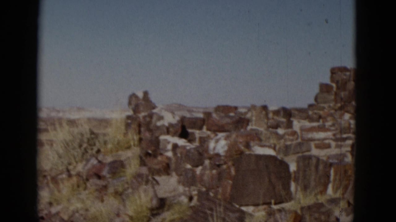 Desert rocks and dry grass with low stone formations under a blue sky.
