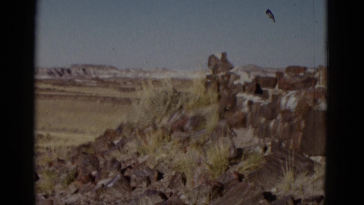Rocky desert overlook with dry grass, distant land, and blue sky.