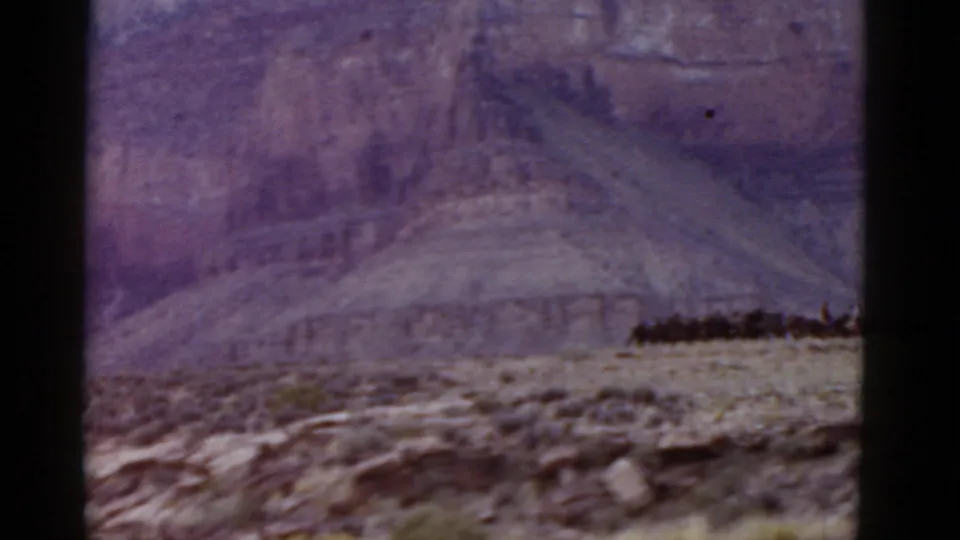 1952 Arizona home-movie frame with the horse line partly exiting the right edge below layered desert cliffs.