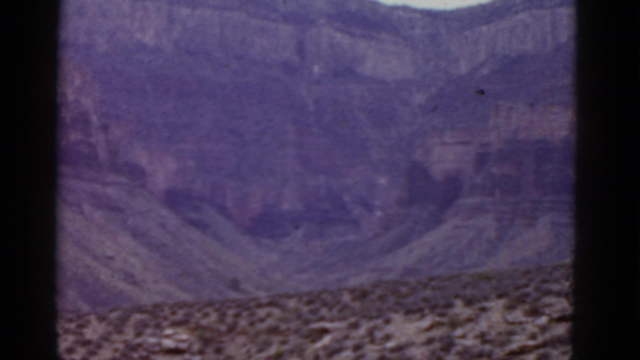 Desert hillside and cliff bands seen beyond rocky foreground scrub.
