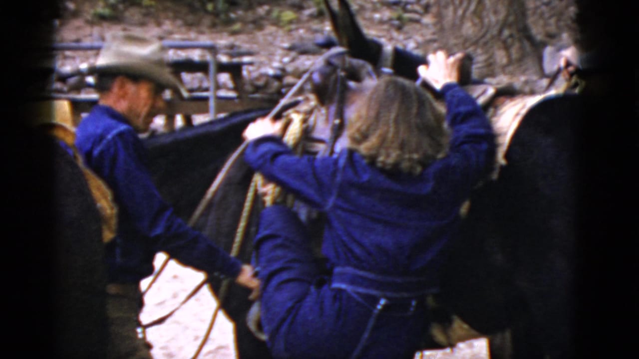 Man in a cowboy hat helps a woman in blue climb onto a saddled horse.