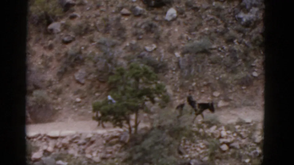 Distant rider on horseback moves along a dirt trail on a rocky Arizona hillside in grainy 1952 8mm footage.