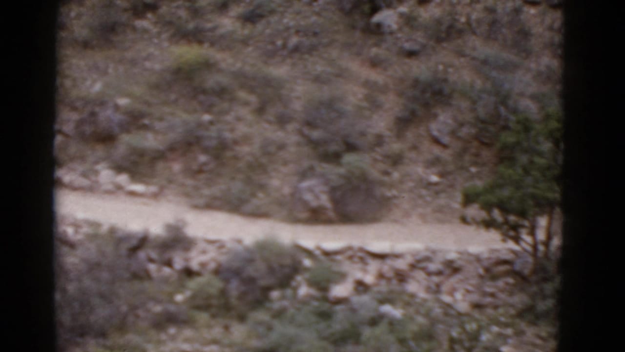 Rocky Arizona hillside with a winding dirt trail, sparse shrubs, and dark 8mm frame borders in a 1952 home movie.