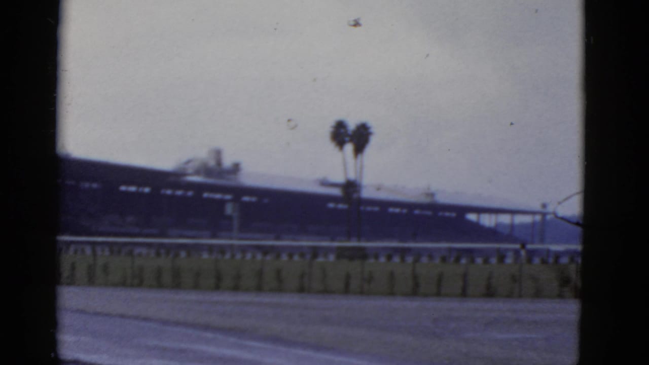 Soft-focus distant structure behind a rail, with two palm trees and dark frame borders.
