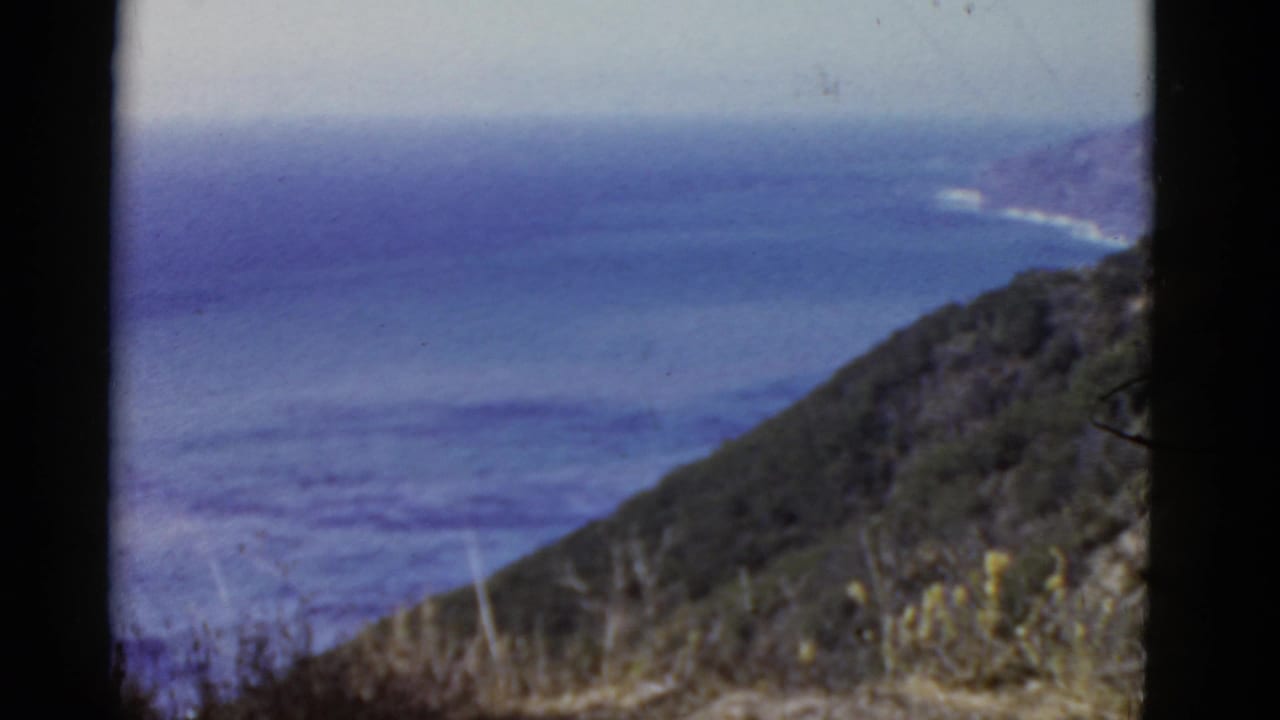 Coastal hillside above a blue ocean with distant horizon and brush in the foreground.