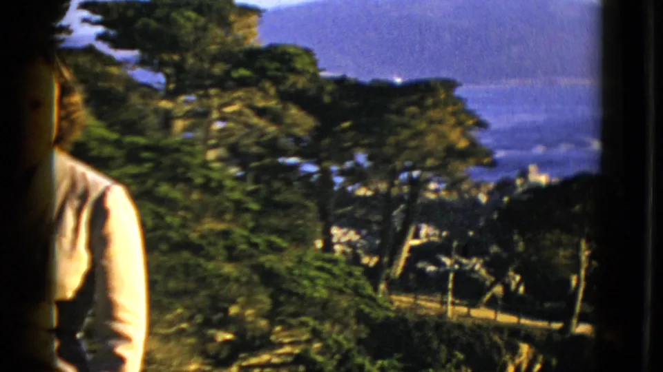 The frame shifts from the woman at the edge toward a scenic San Francisco view of trees, water, and distant hillside forms.