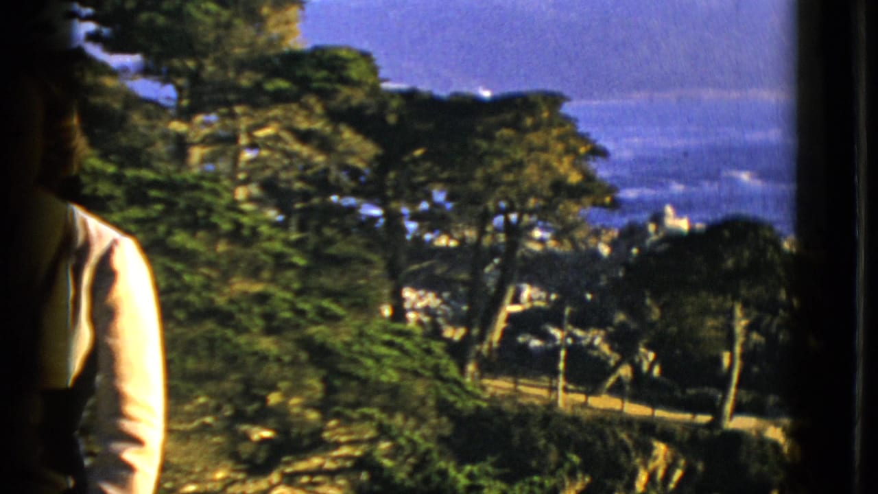1952 San Francisco home-movie frame showing trees above the Pacific Ocean, with a partial person in a light shirt at the edge.