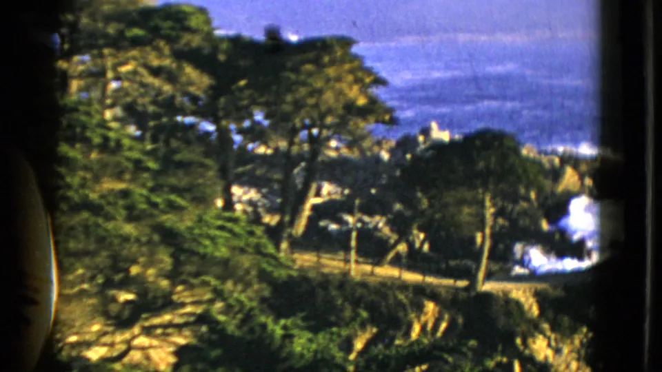 1952 San Francisco 8mm frame of a tree-lined coastal slope overlooking blue ocean and white surf.