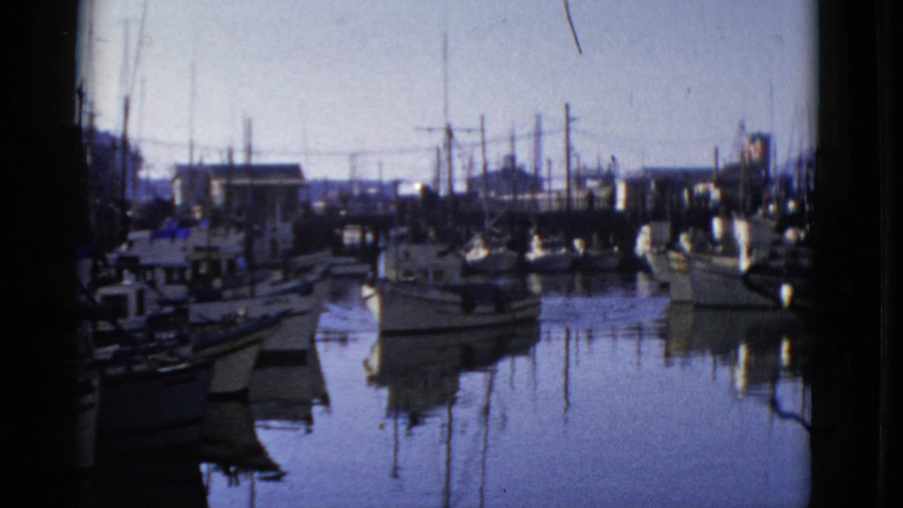 1952 San Francisco harbor view with small boats, mast lines, docks, and still water reflections in soft 8mm color.