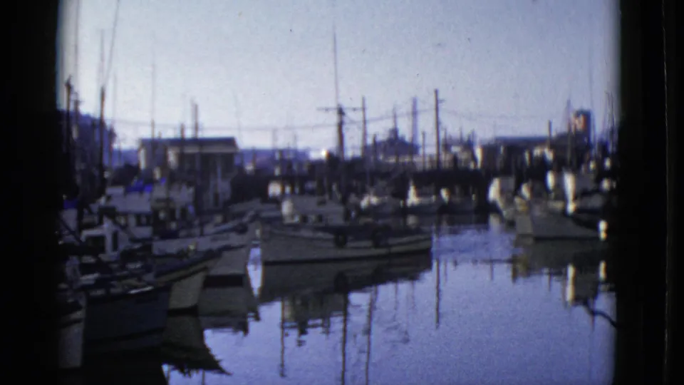 1952 San Francisco waterfront frame showing moored boats, dense mast lines, dock edges, and hull reflections in calm harbor water.